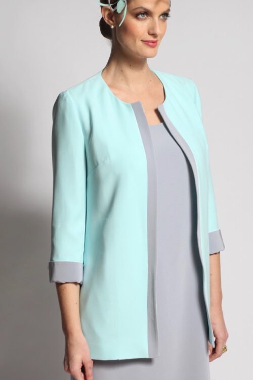 Veste 3/4 YUCCA en crêpe bicolore Aqua et tourterelle T40