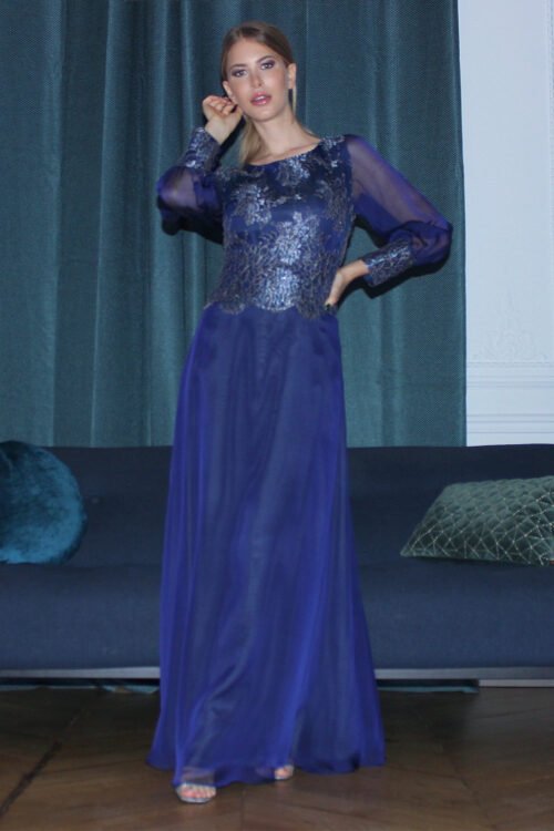 Robe longue en mousseline de soie et dentelle de Calais Caudry ABIGAIL