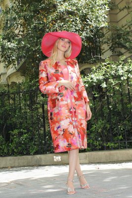 Tailleur robe manteau long en soierie imprimée